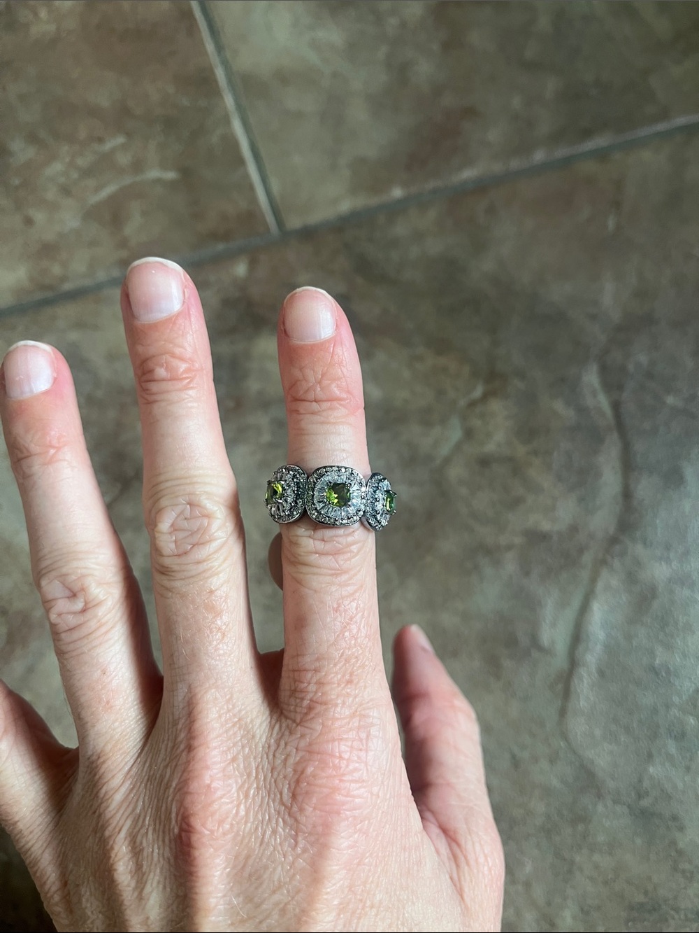 Hematite Green Gemstone Halo Three-Stone Ring